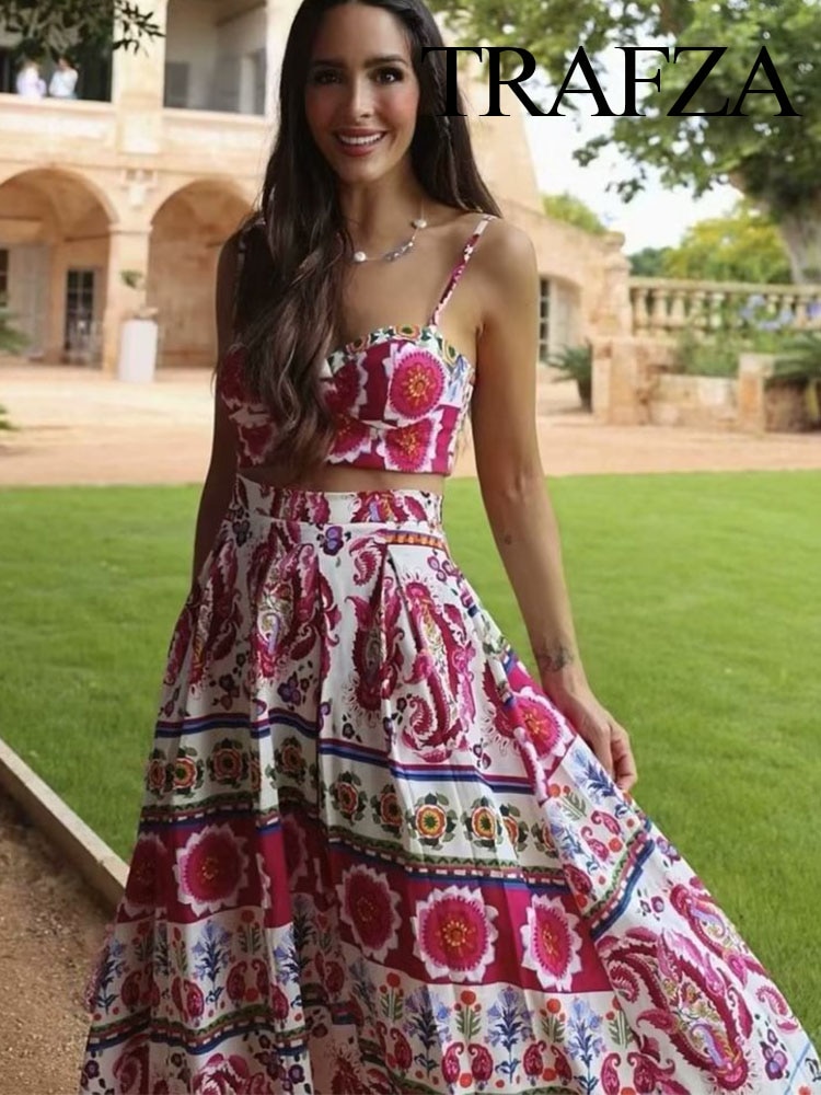 TRAFZA Women Vintage Floral Printed Top Long Skirt 2 Pcs Set Elegant Sleeveless Backless Strap Dress Summer Chic Vacation Skirts