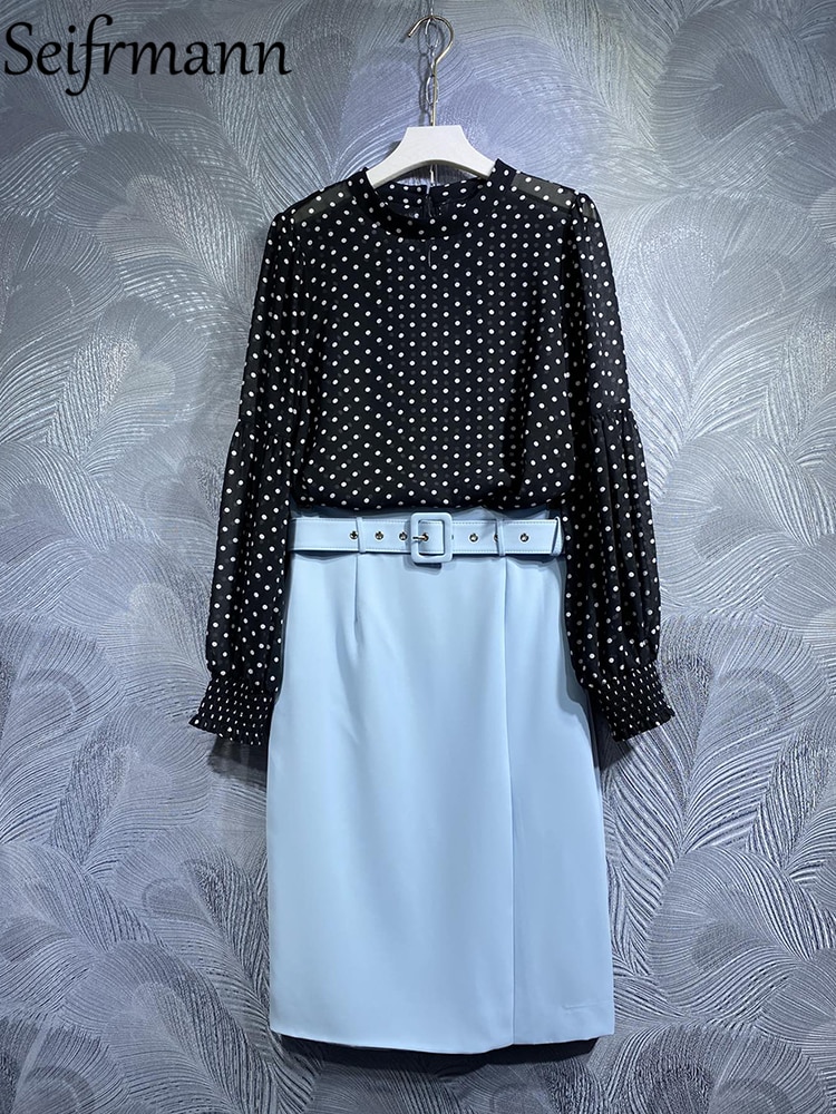 Seifrmann High Quality Summer Women Fashion Designer Skirts Sets Lantern Sleeve Dot Pullovers Tops + Blue Pencil Skirts Suits