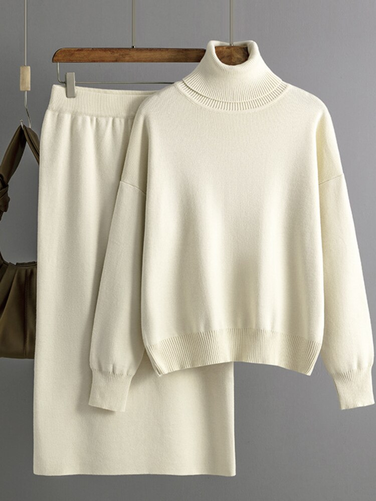 Women Knitted Skirt Suits Winter Autumn Korean Office Lady Turtleneck Pullover Elegant Casual Pencil Skirts 2 Piece Sets 2023