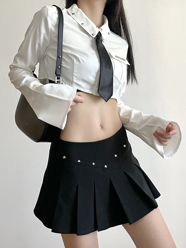 Gavestis Y2K Two Piece Set Women Korean Preppy Style Rivet Decorate Long Sleeve Blouse with Ties+Mini Skirt Sweet Girl Outfit