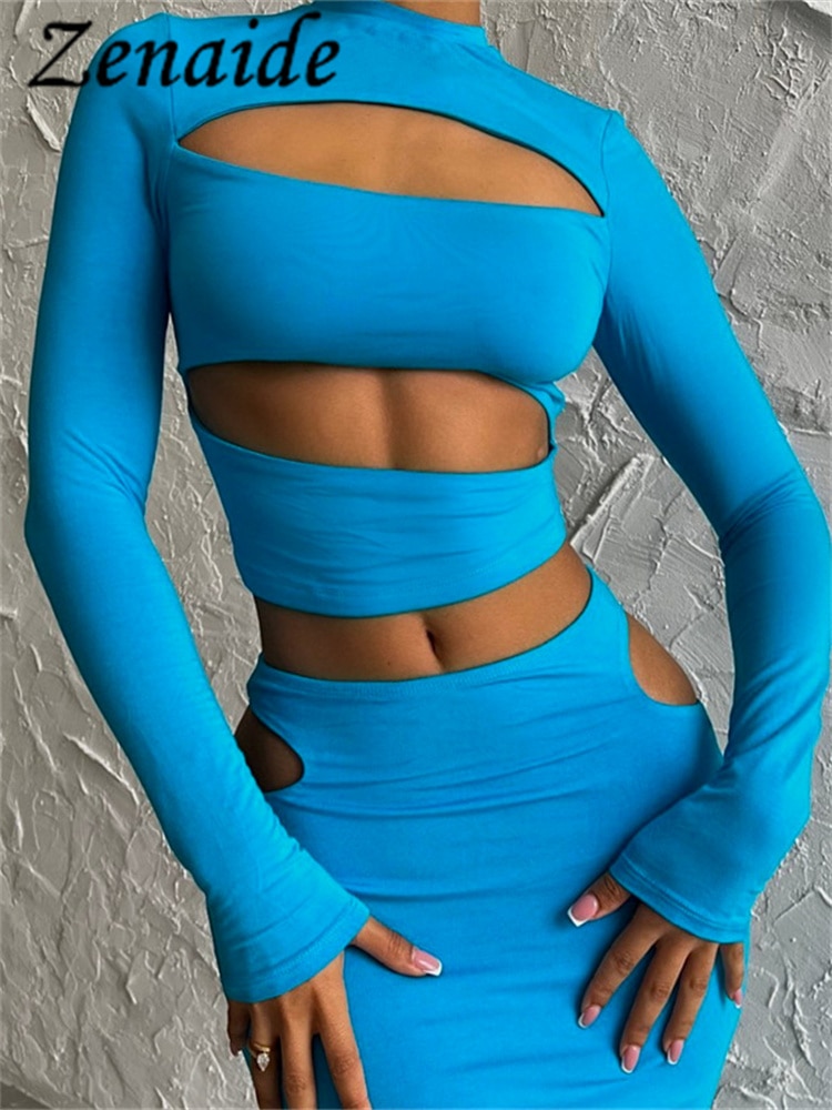 Zenaide Solid Matching Suit Hollow Out Long Sleeve O Neck Crop Top+Maxi Skirt Co Ords Set 2023 Fall Women Sexy 2 Piece Sets