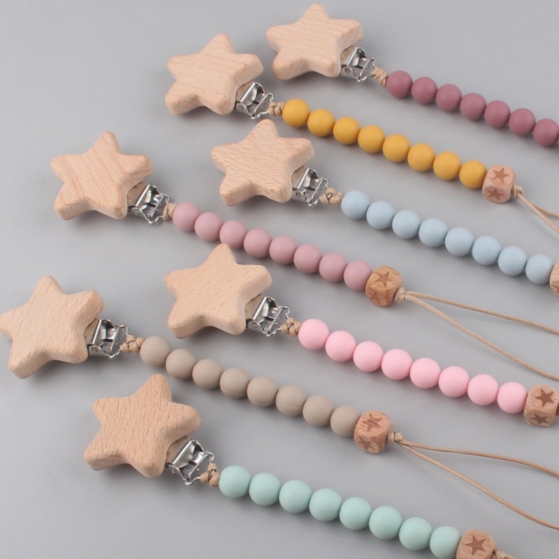 Safety Wooden Baby Infant Toddler Dummy Pacifier Silicone Soother Nipple Clip Chain Holder Strap Baby Chew Toy Teether Teething