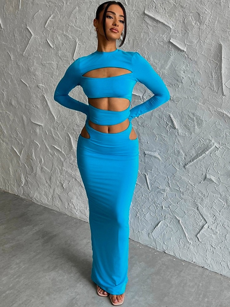 Mozision Blue Sexy Two Piece Skirt Set Women Hollow Out O Neck Long Sleeve Tops And Long Skirt Female Skinny Sexy Two Piece Set