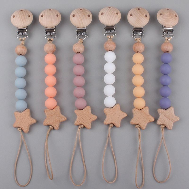 Safety Wooden Baby Infant Toddler Dummy Pacifier Silicone Soother Nipple Clip Chain Holder Strap Baby Chew Toy Teether Teething
