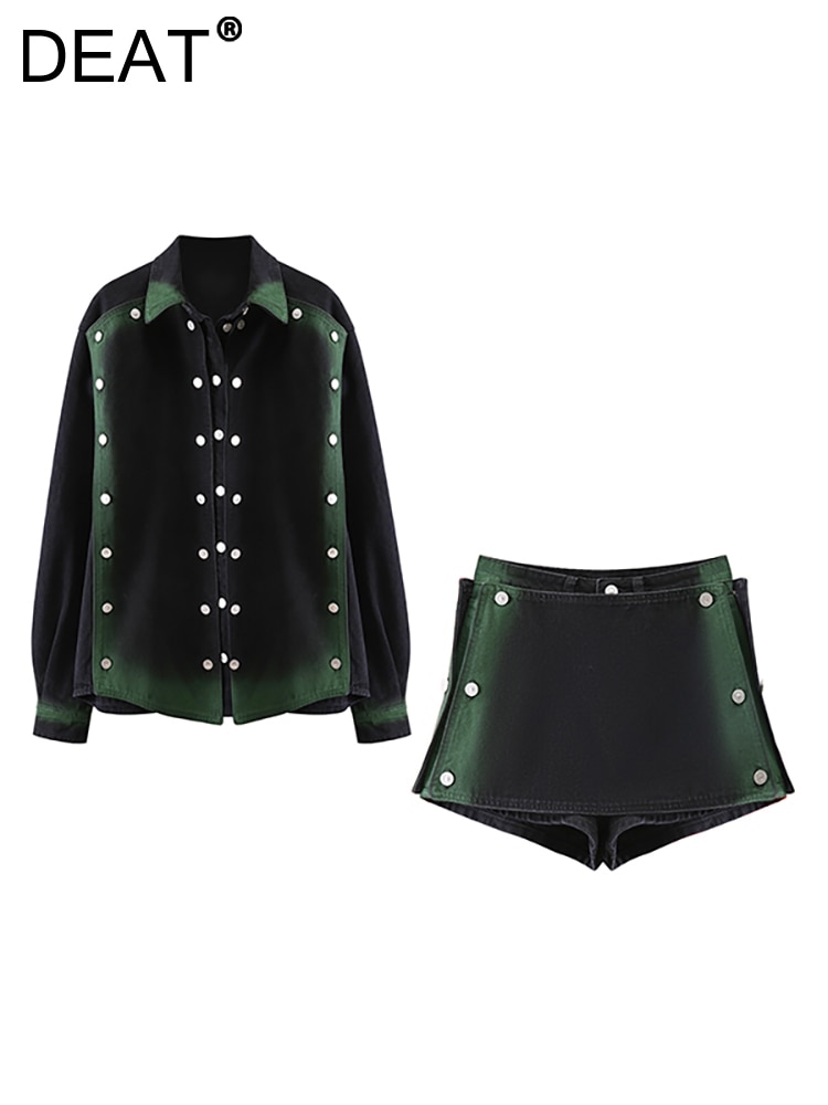 DEAT Women's Denim 2 Pcs Set Detachable Multiple Buttons Coat High Waist Black Miniskirts Suits 2023 Autumn New Fashion 29L