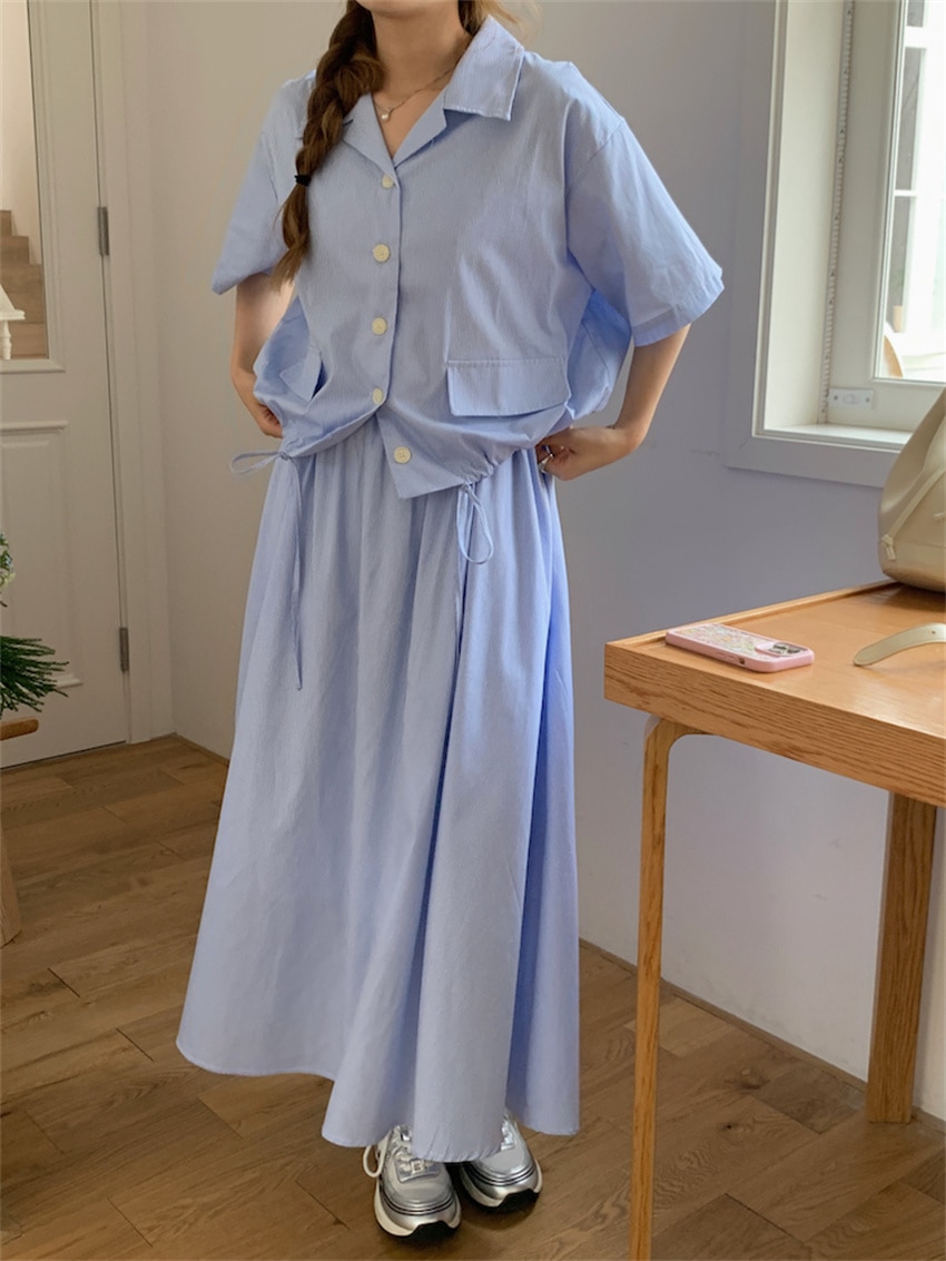 Alien Kitty Blue Women Shirts Work Wear Stripes Oversize Long Skirts Sweet OL Summer Two Pieces Suits Office Lady Casual New