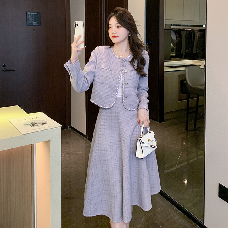 New Elegant Purple Tweed Two Piece Set Autumn Winter Women O Neck Single Breasted Short Jacket Coat + Long Ball Gown Skirt Suit