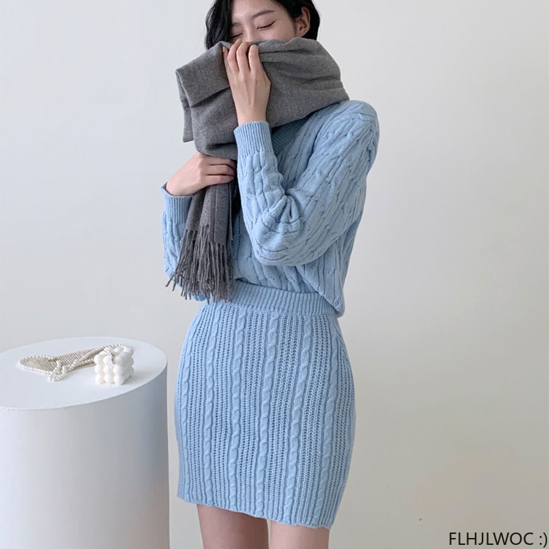 Korea Chic Slim Fitted Bodycon Knitting Sweater Dress Fashion French Design High Street Women Feminine Vestidos Two Piece Sets
