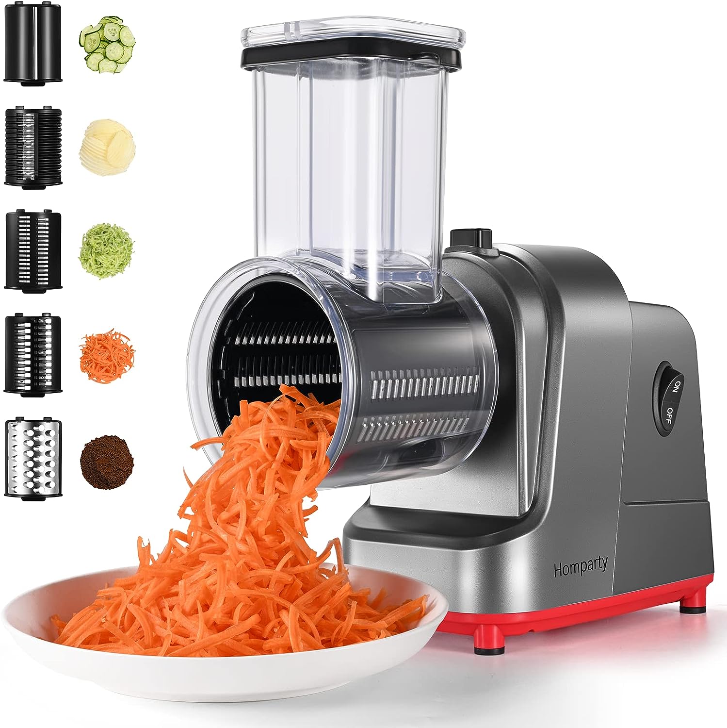 Grater, 250W Professional Slicer Shredder, Salad Machine for Fruits, Vegetables, Cheeses, Salad Maker with 5 Free Attachments,