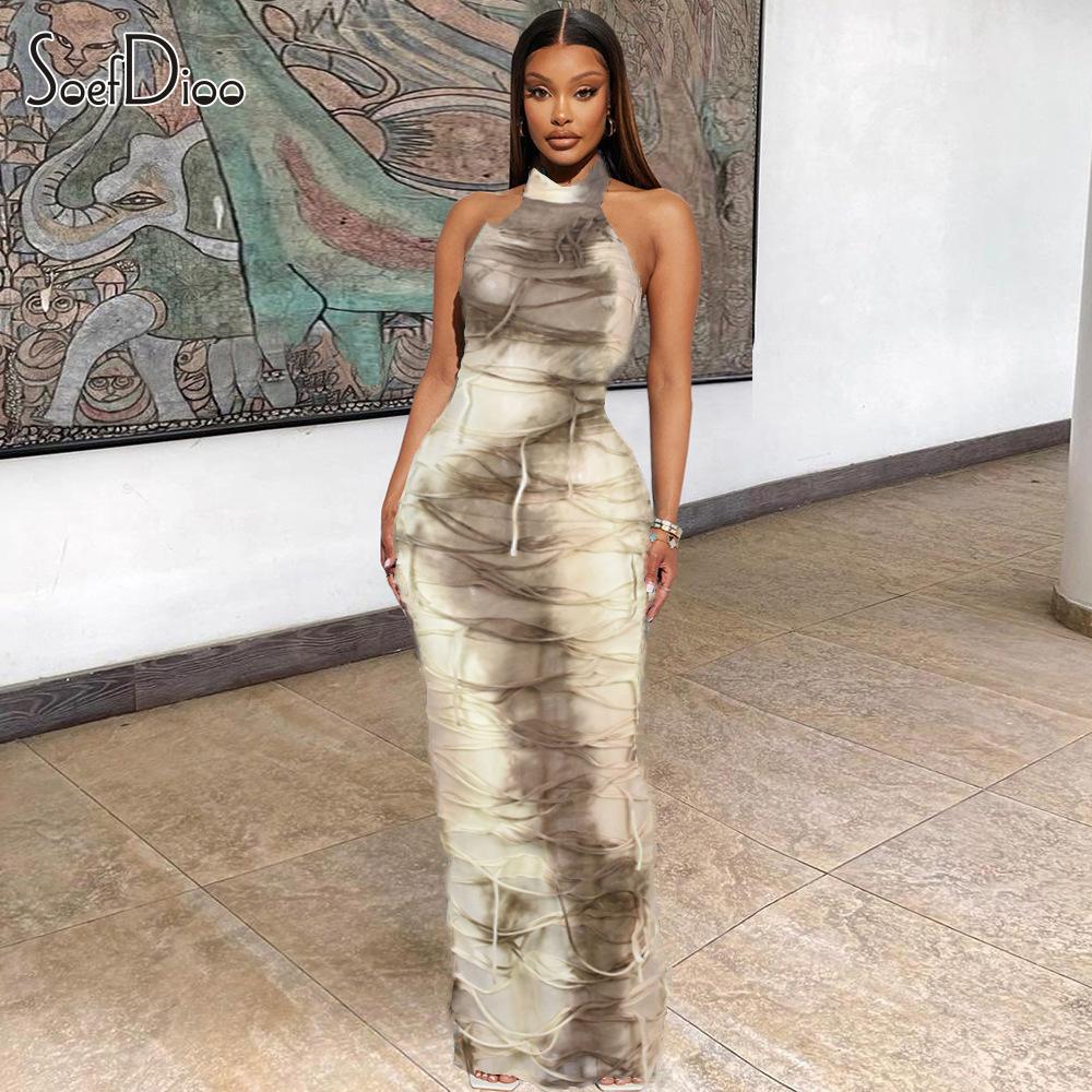 Soefdioo Fahion Tie Dye Mesh O-Neck Sleeveless Backless Tassle Bodycon Maxi Dress Women 2023 Hipster Street Vestidos Dresses