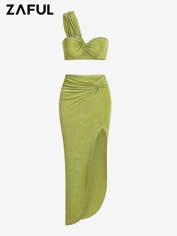 ZAFUL Two Piece Outfits Skirt Set Solid Color Twist One Shoulder Jersey Top And Thigh High Split Skirts Bottom Sexy Party Summer