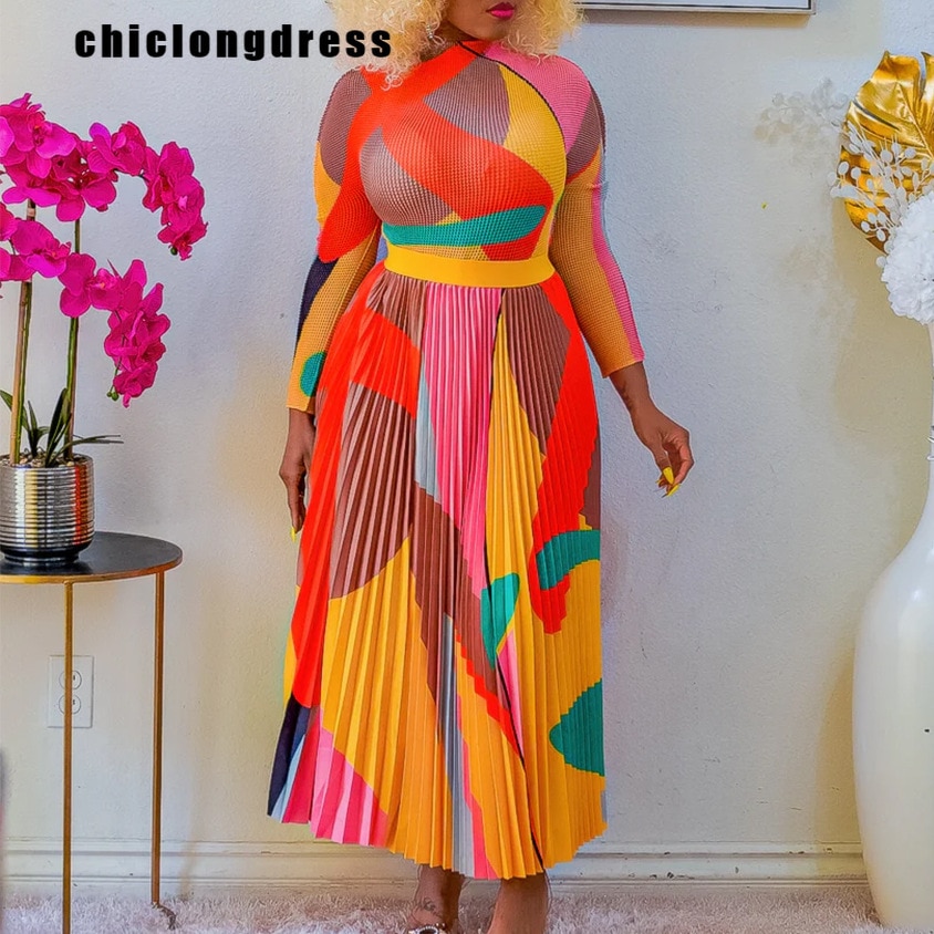 Autumn Fashion Print Pleated Two Piece Set African Women Elegant OL Slim Long Sleeve Top Pleated Skirt Two Piece Set Women