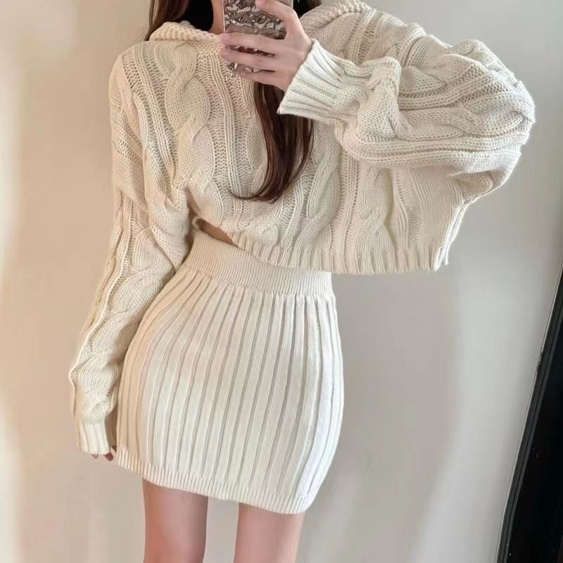 Women Sweater Sets Autumn Winter New Solid 2 Pieces Hooded Knitwear Skirts Mini Elegant Korean Style High Street Casual Crops