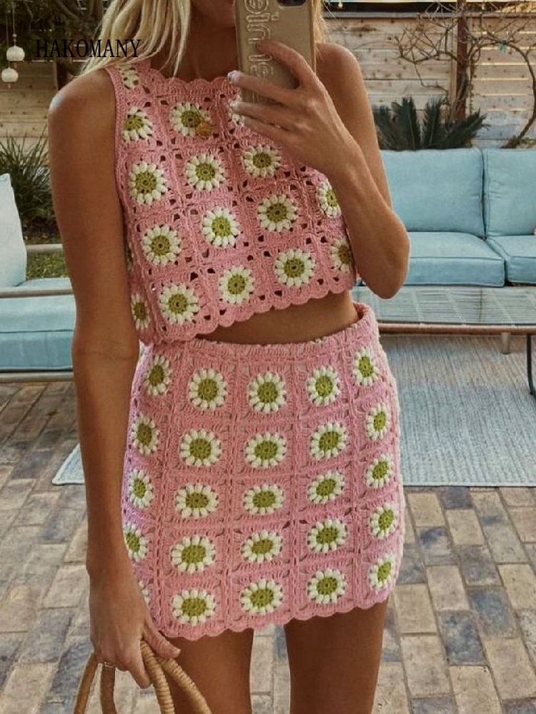 Women Lacing up Bandage Waist Mini Short Skirt 2 Pieces Set BOHO Pink Sun Flower Plaid Hand Crochet Crop Top Sleeveless Tanks