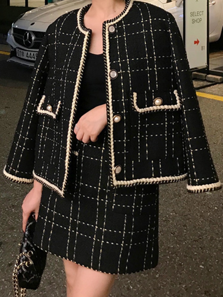 Autumn Winter 2 Piece Set Women Short Woolen Tweed Jacket Coat & Bodycon Mini Skirt Set Women Two Piece Outfits
