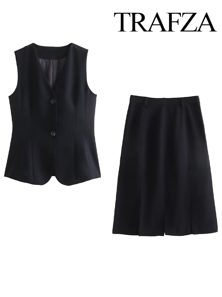 TRAFZA Summer Fashion Woman Zipper Fork Slim Skirt Office Lady＋Chic Vintage Sleeveless Single-Breasted V Neck Tops 2 Piece Sets
