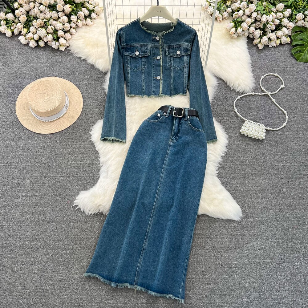 Women Denim Jacket Sets Frayed O-neck Single Breasted Long Sleeve Coat+High Waist A-Line Long Jean Skirt 2pcs Female Outfit Suit