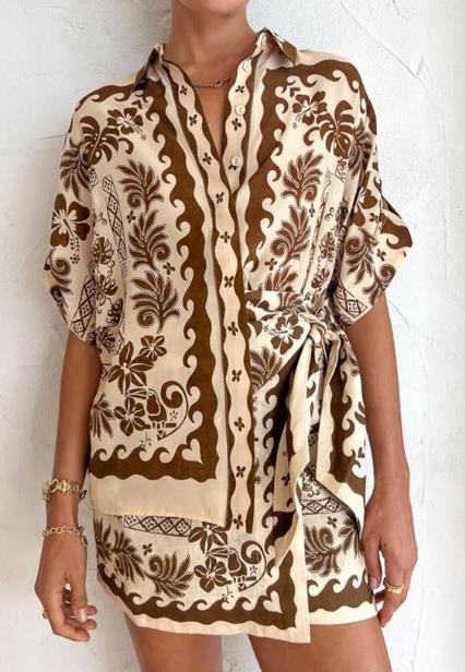 Two-Piece Set 2023 New Fashion Printed Blouse Lace Up Skirt Temperament Women's Clothing Home Service Fashion Casual Suit