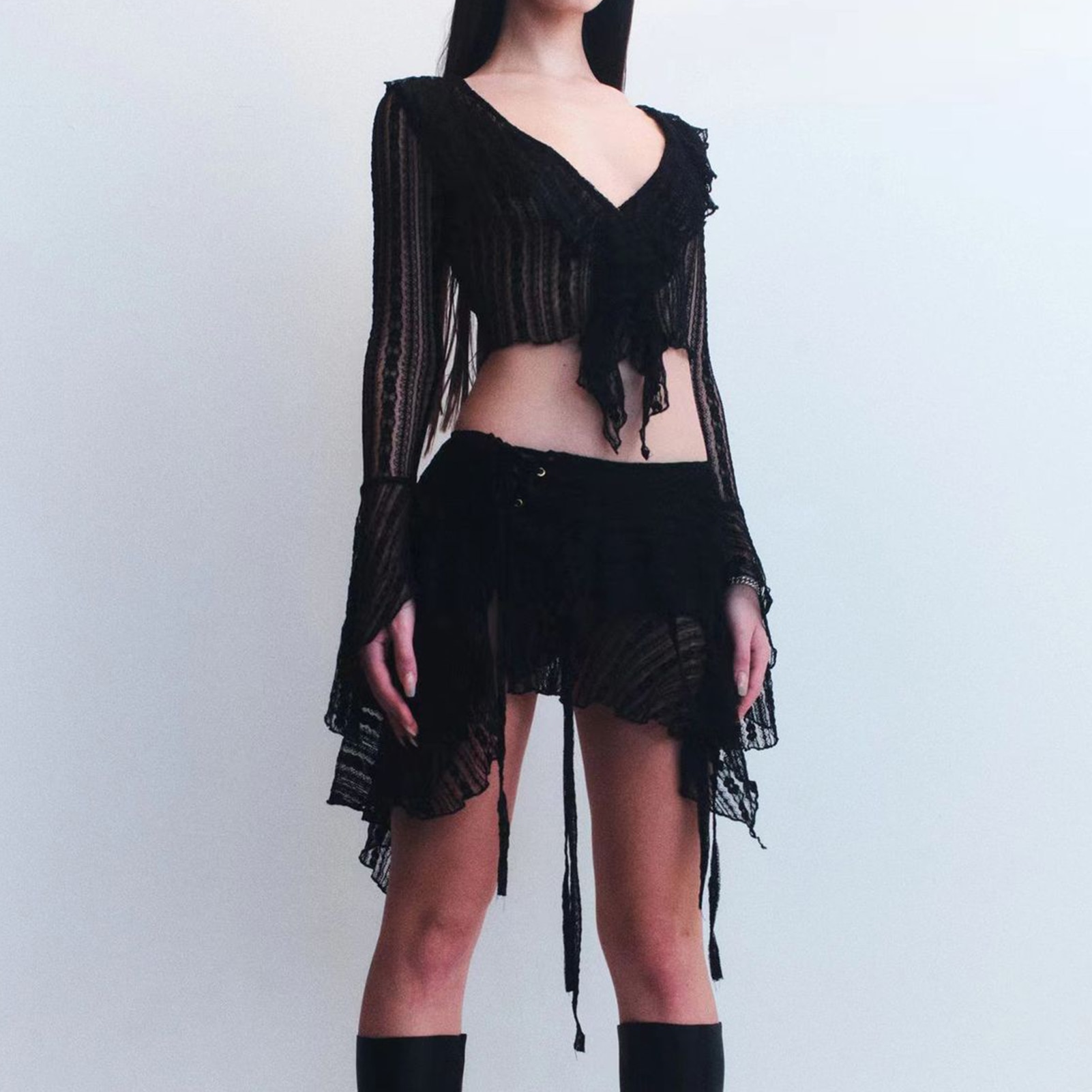 Women Crop Shirt+Mini Skirt Long Sleeve 2 Piece Fashion Sexy Tops Skirt Suit Ruffle Tie-up Y2K Lace Fringe Grunge Streetwear