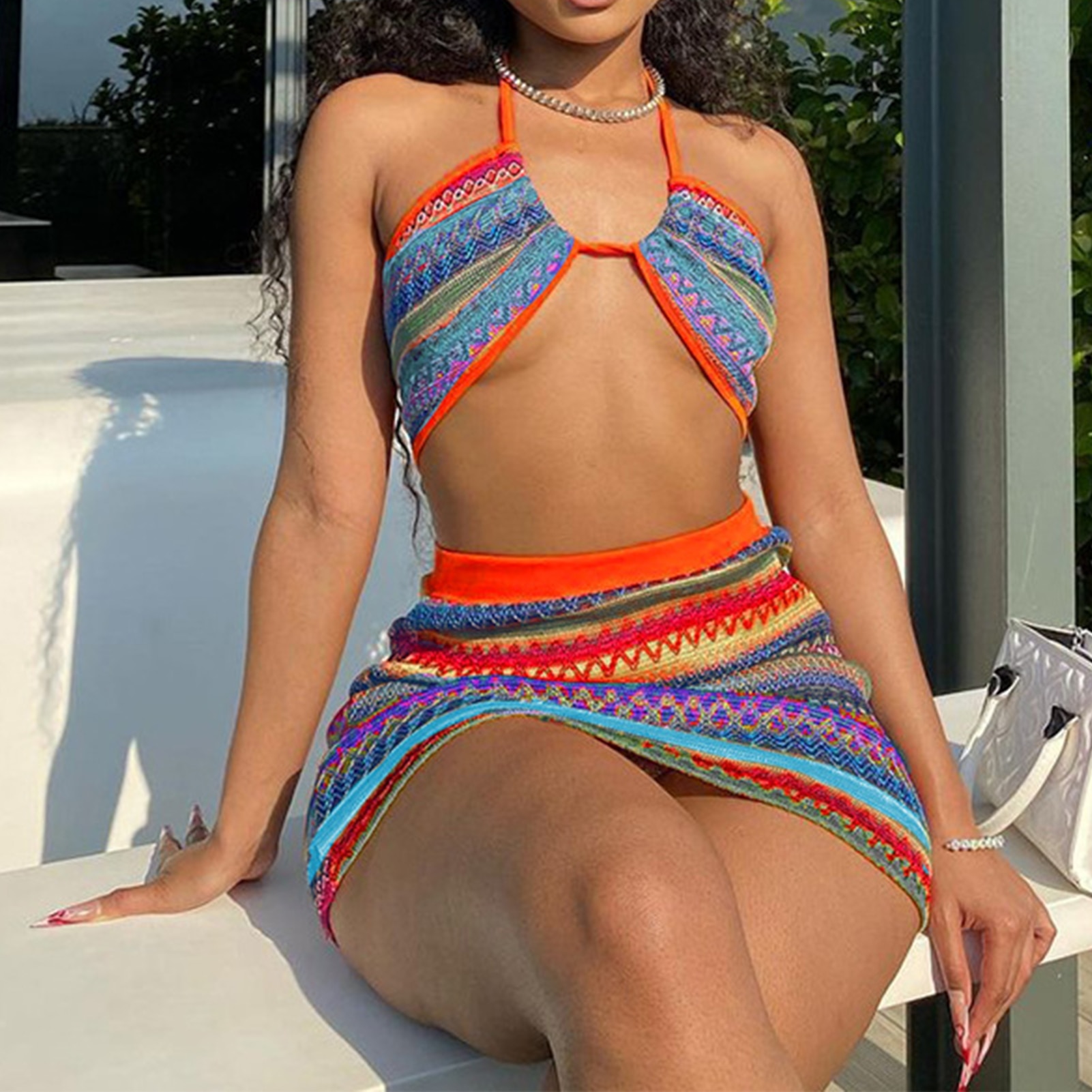 Women Crop Top+Wrap Hips Skirts Knitting Summer Sexy Skirt Set Colorful Print 2 Piece Fashion Lace Up Backless Bohemia Set