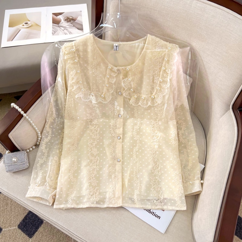 Plus Size L-4XL Fashion Woman Blouse And Shirt 2023 Autumn Winter Long Sleeve Pearl Peter Pan Collar Lace Tops Beautiful Clothes