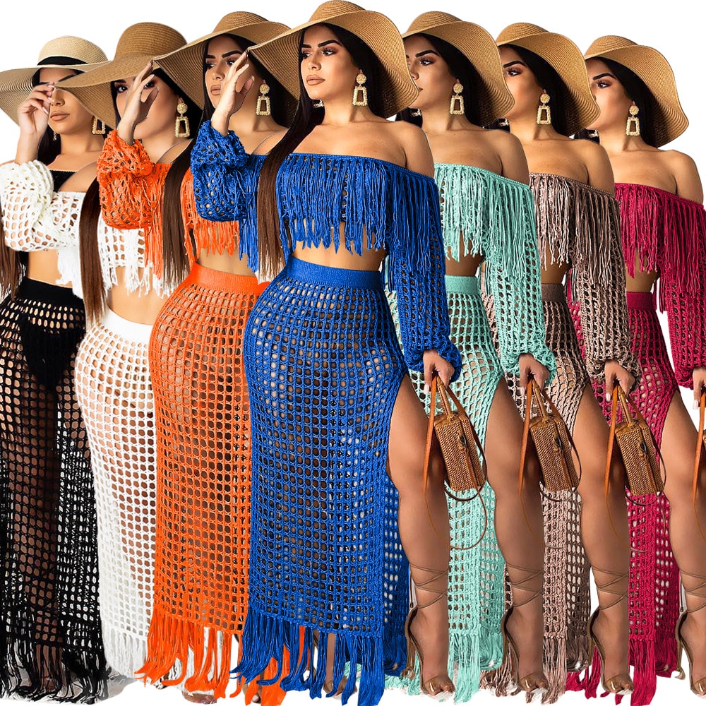 2023 Bodycon Outfit Sexy Grid Tassel Two Piece Suit Womens Hollow Out Mesh Summer Two Piece Set