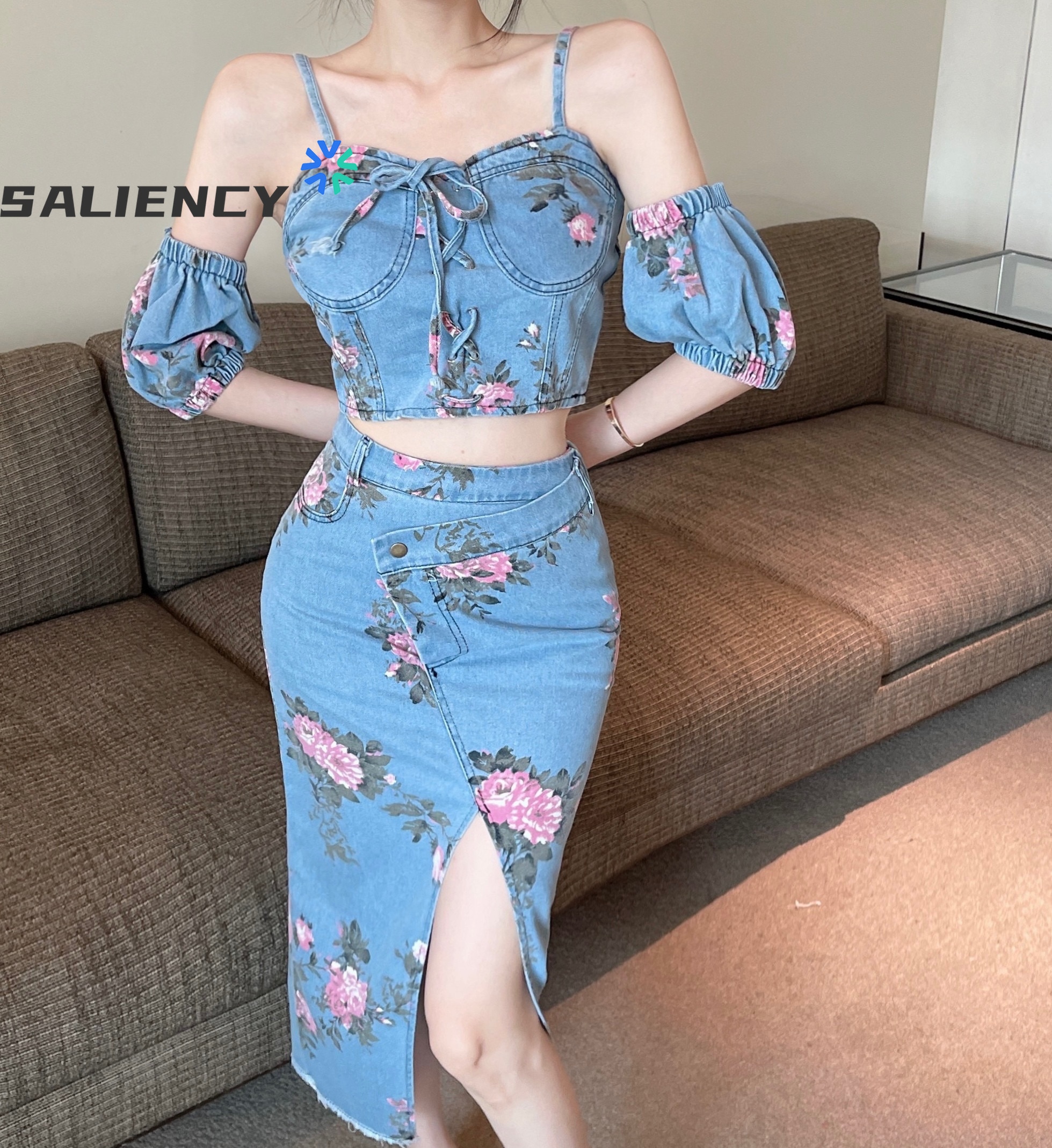 Vintage Floral Denim Vest+Skirts Sets Bubble Outerwear Camisole Top + Vintage High Waist Mid-Length Split Skirt Suits for Woman