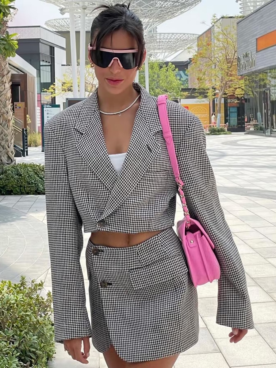 Chic Plaid Sets For Women 2023 New Autumn Long Sleeve Button Up Short Blazer Suit +mini Skirt Outfits Fashion Vintage Female Set