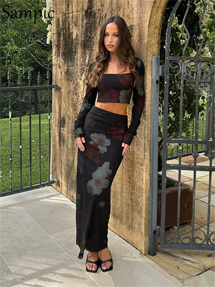 Sampic Floral Print Skirt Two Piece Set Women Autumn Long Sleeve Crop Top And Midi Bodycon Skirt Suit Sexy Skinny Outfits