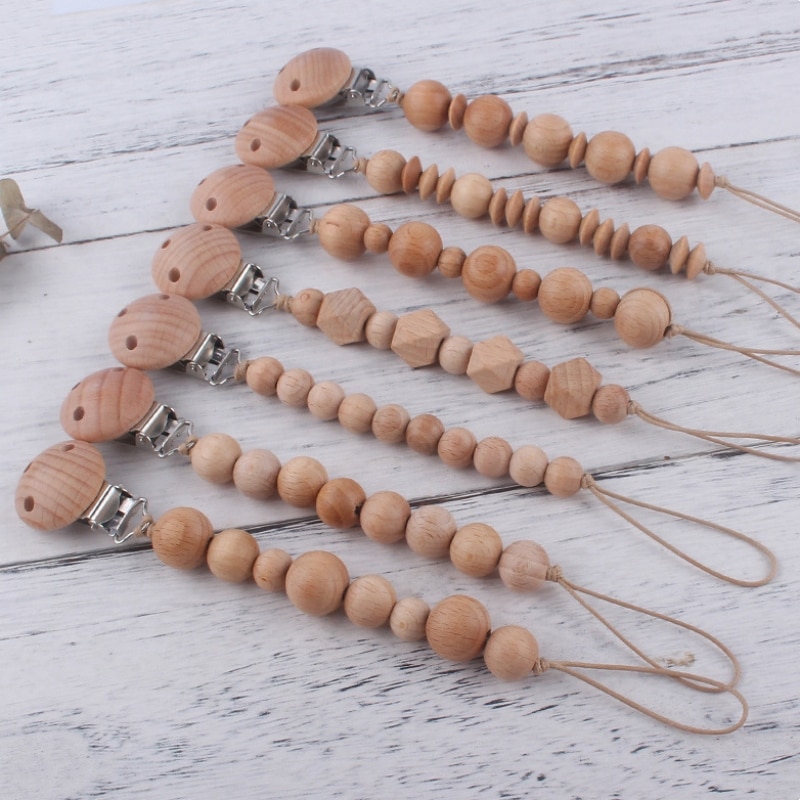 Beech Wood Chew Wooden Bead Pacifier Clips Dummy Chain Holder Newborn Soother Chains Nipple Holder Baby Teething Toys Gifts