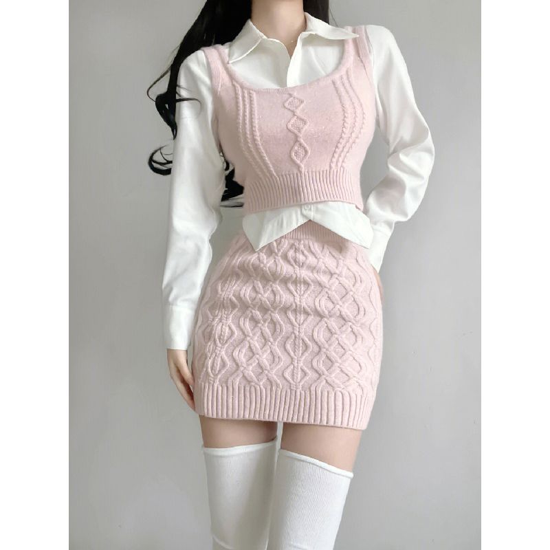 Pink Sweet Three Piece Set Women Knit Elegant Party Mini Skirt Set Female Korean Fashion Casual Sweater Skirt Suit 2023 Autumn