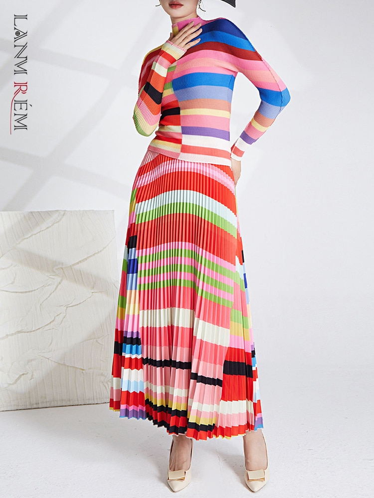 LANMREM Striped Pleated 2 Pieces Set Women's Turtleneck Long Sleeves Slim Tops Printed High Waist Fold Skirts 2023 New 2YA1