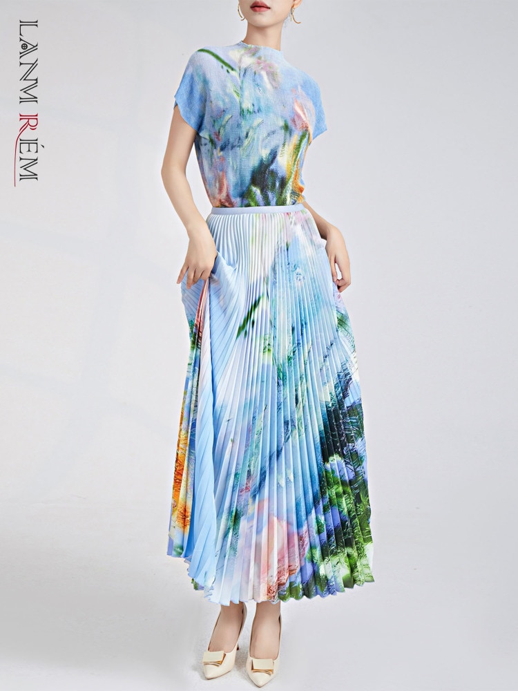 LANMREM Pleated 2 Pieces Set Women's Round Neck Designer Printed Tops Casual High Elastic Waist Skirts 2023 Summer New 2YA3