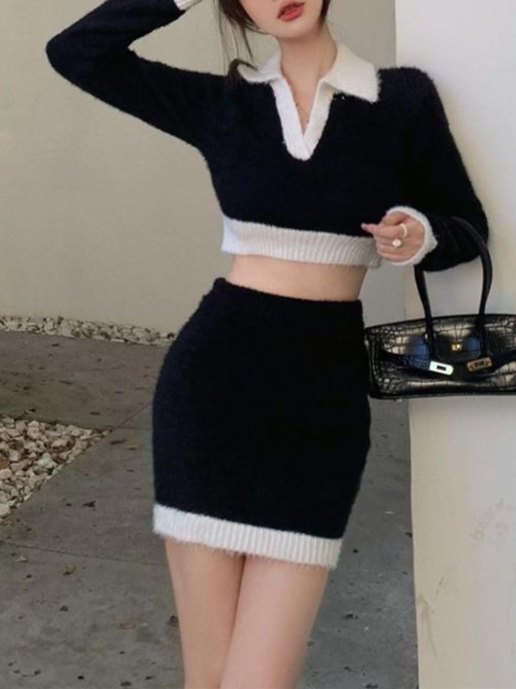 Black Sexy Elegant Knitted Two Piece Set Women Korean Fashion Party Mini Skirt Set Female Casual Sweater Skirt Suit 2023 Autumn