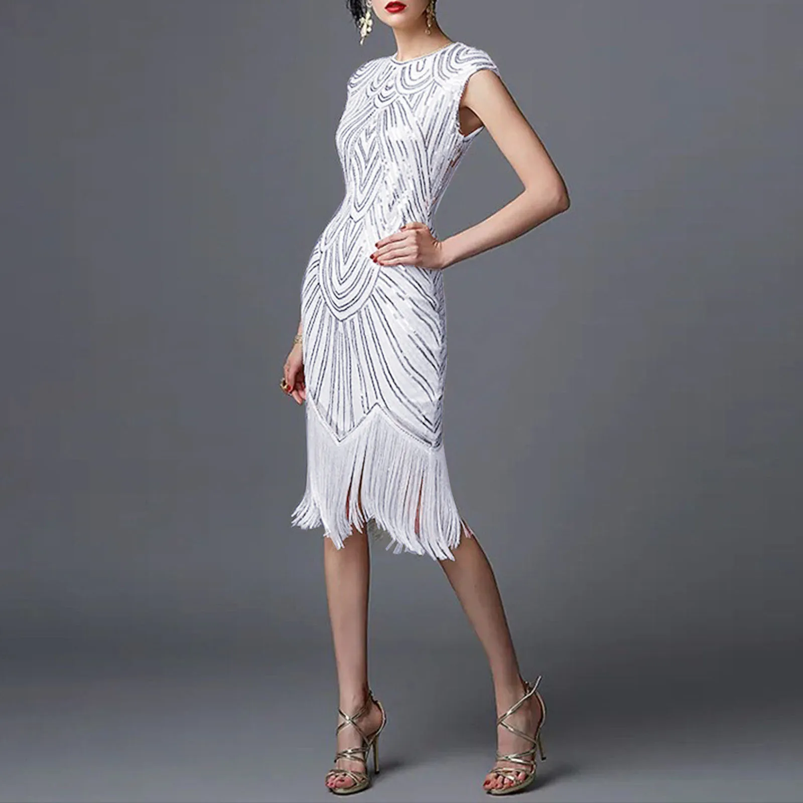 Women 's Dresses 1920s Glitter Sparkly Sequin Round Neck Sleeveless Tassel Maxi Long Evening Prom Dress Sexy Party Dresses