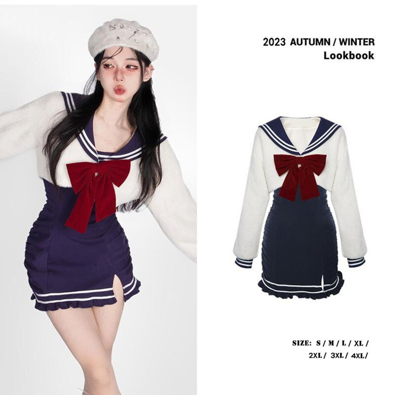 Preppy Navy Collar Bow Knot Dress Suit Long-sleeved Jumper + Dark Blue Halter Dress Women Clothing Autumn 2023 New y2k Cute Sets
