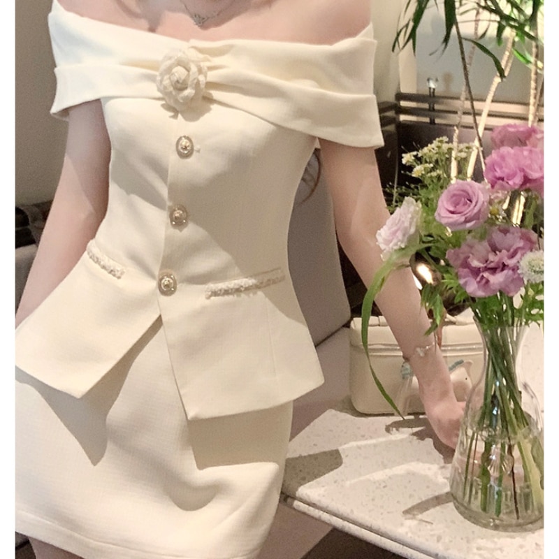Office Lady Set One Shoulder Bra Top Women's Clothing Summer Skirt Pants Half Skirt Elegant Temperament Celebrity Two Piece
