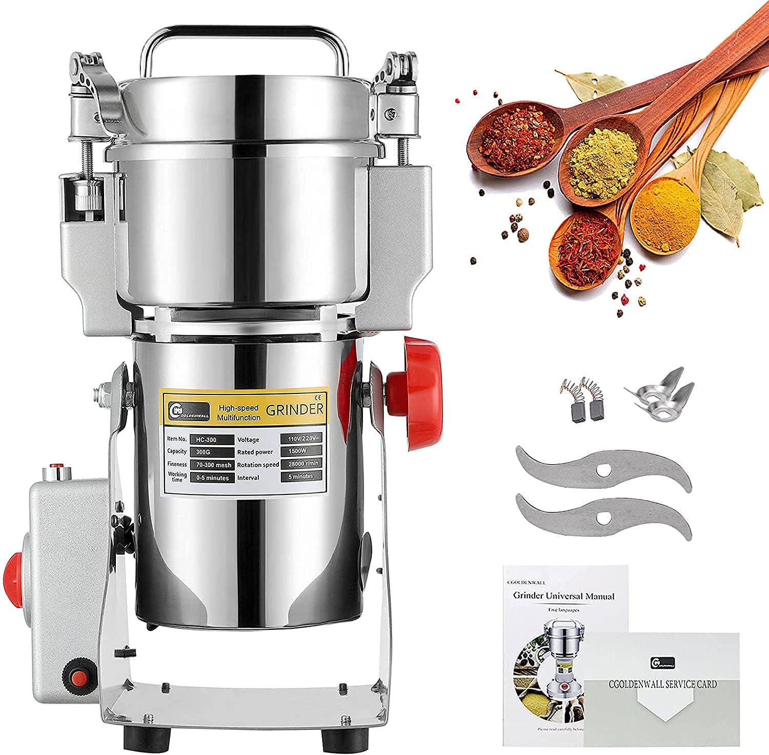 High-Speed Grain Grinder Mill Stainless Steel for Commercial Spice Grinder Pulverizer for Dried Cereals Grains Spices Herbs 110