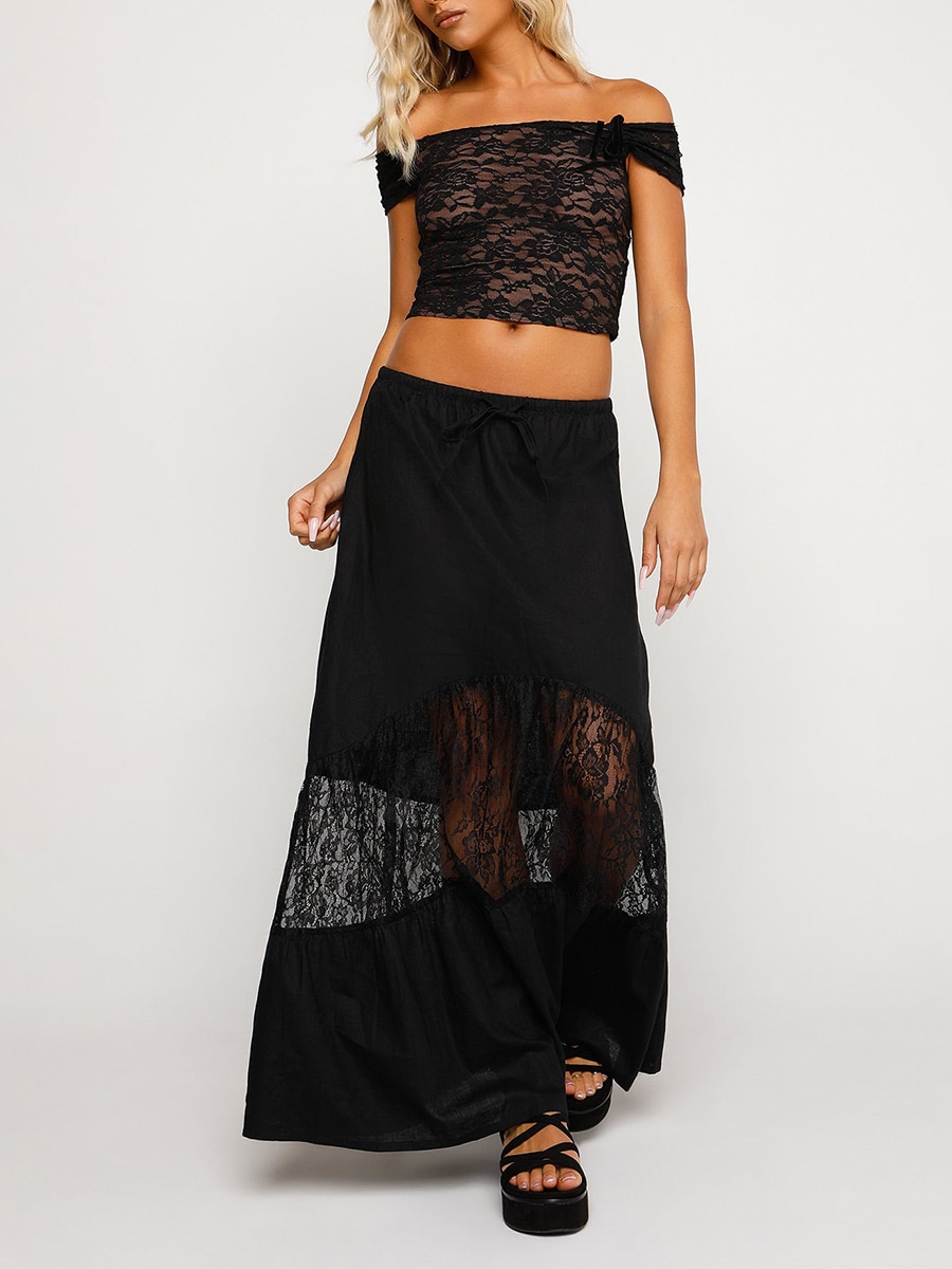 Women’s Two Piece Summer Outfits Off Shoulder Short Sleeve Lace Crop Tops and Long Skirt Set Beachwear