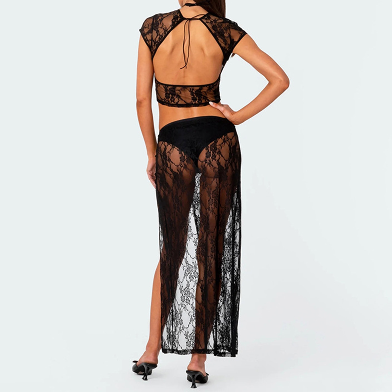 Women 2 Piece Lace Skirt Set Navel Exposed Ladies Shirt Top Maxi Skirt Side Slit See Through Short Sleeve Vacation Suit
