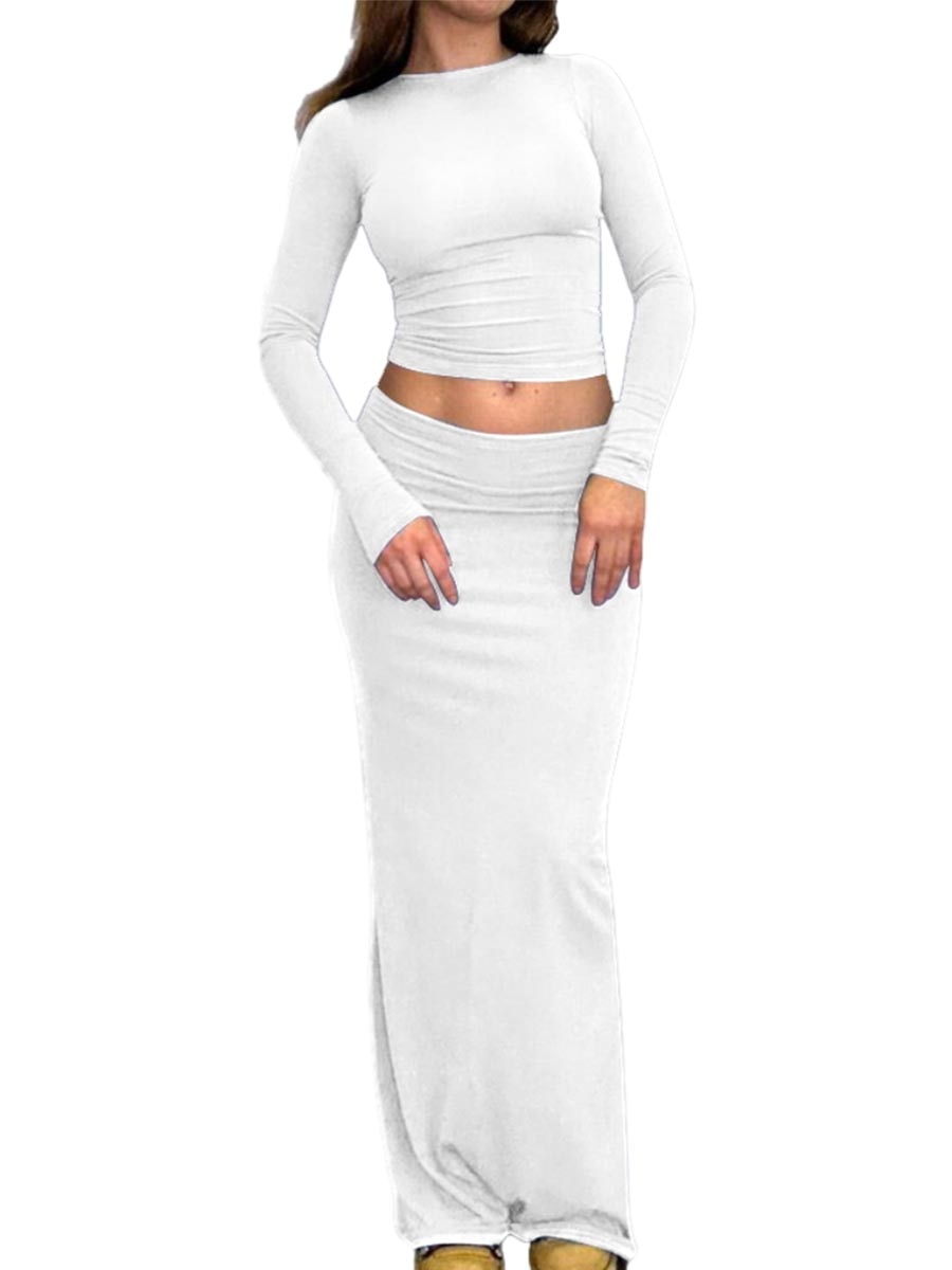 2 Piece Skirt Outfits for Women Sexy Going Out Y2K Long Sleeve Bodycon Crop Tops Shirt High Waist Maxi Skirt Set