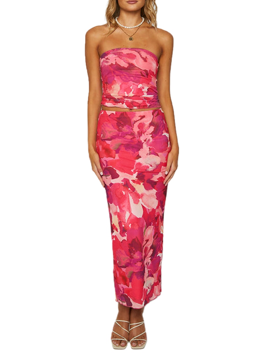 Women 2 Piece Summer Skirt Outfits Floral Strapless Cropped Tube Tops and Elastic Long Skirt Streetwear