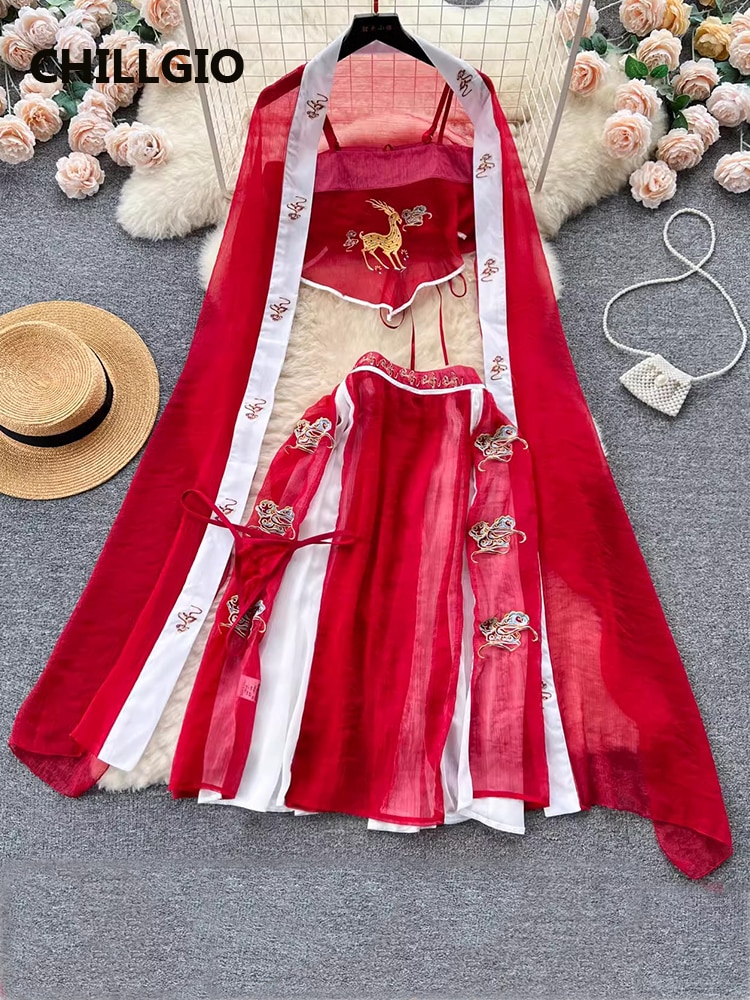 CHILLGIO Women Transparent Sexy Embroidery Skirt Suits Hanfu Cosplay Costume Intimate Fashion Vintage Erotic 4 Piece Pajamas Set