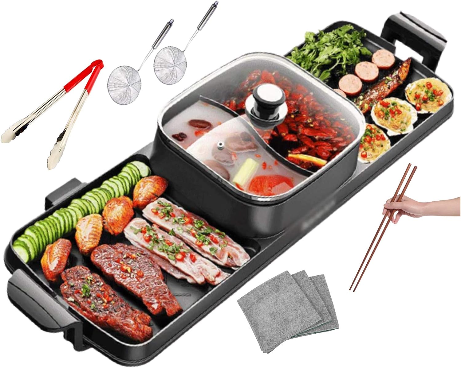 Hotpot Grill Combo, Indoor Korean BBQ, Shabu Shabu Hot Pot with Divider, Portable with Free Strainer Scoops, Extra Long Chopsti