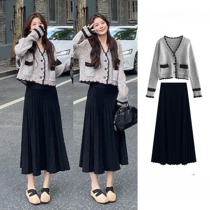 Women 2023 Autumn Winter New Two Pieces Sets Female Long Sleeve Knit Cardigan and High Waist Pleated Skirts Ladies Suits R451