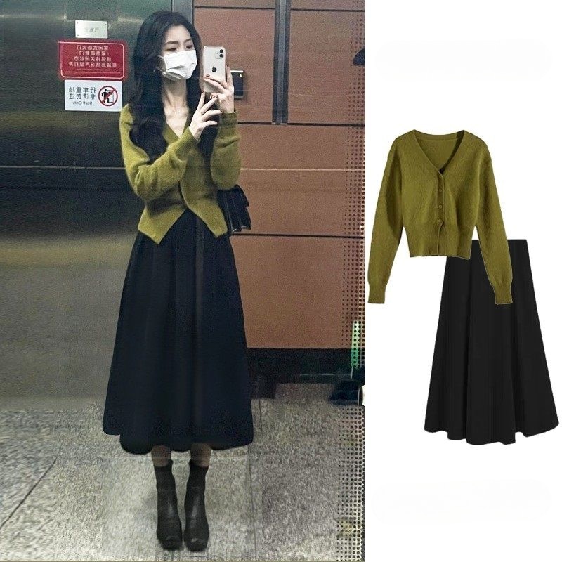 2023 Women Autumn Winter Korean 2 Piece Set Female V Neck Single Breasted Cardigan Crop Coat Ladies High Waist Skirts Suits R452