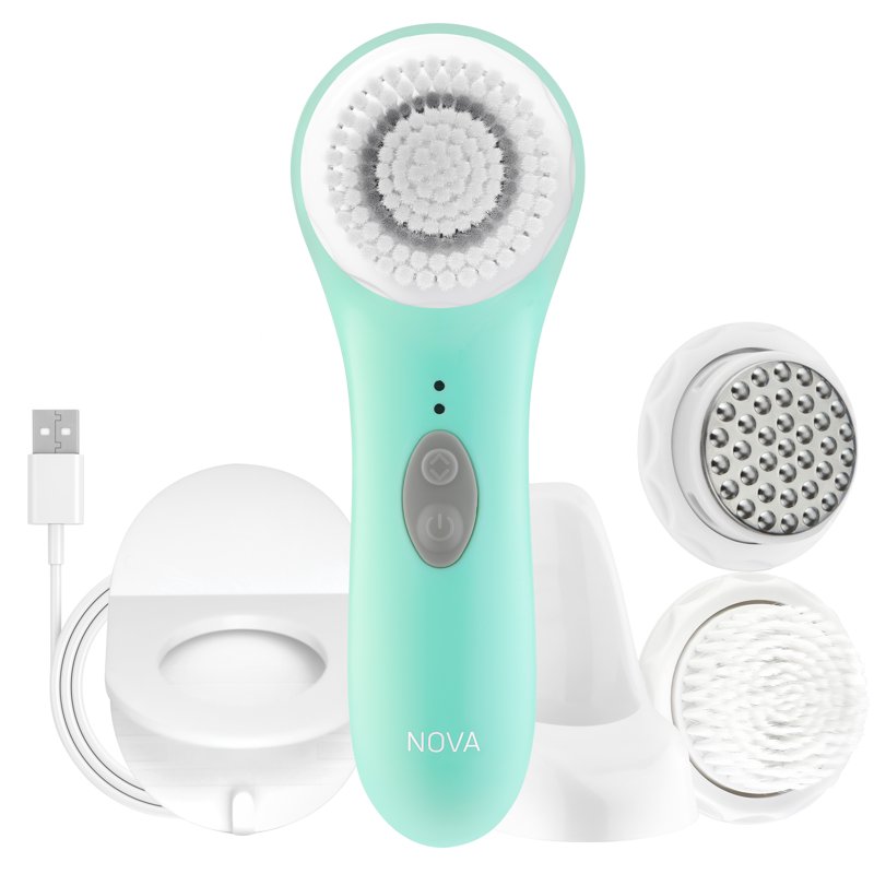- Sonic Facial Cleansing and Exfoliating Device with Antimicrobial Brush Bristles & Serum Infuser, Mint
