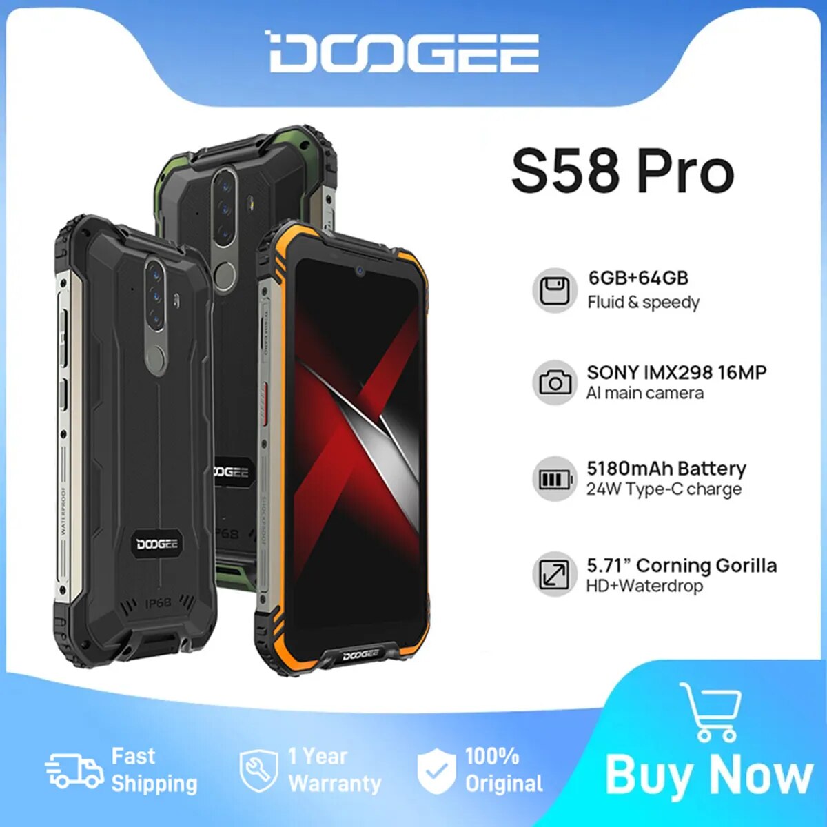 DOOGEE S58 Pro Rugged 5.71" FHD Display 6GB RAM 64GB ROM Helio P22 Octa Core 16MP Triple Camera Fingerprint ID 5180mAh Batt