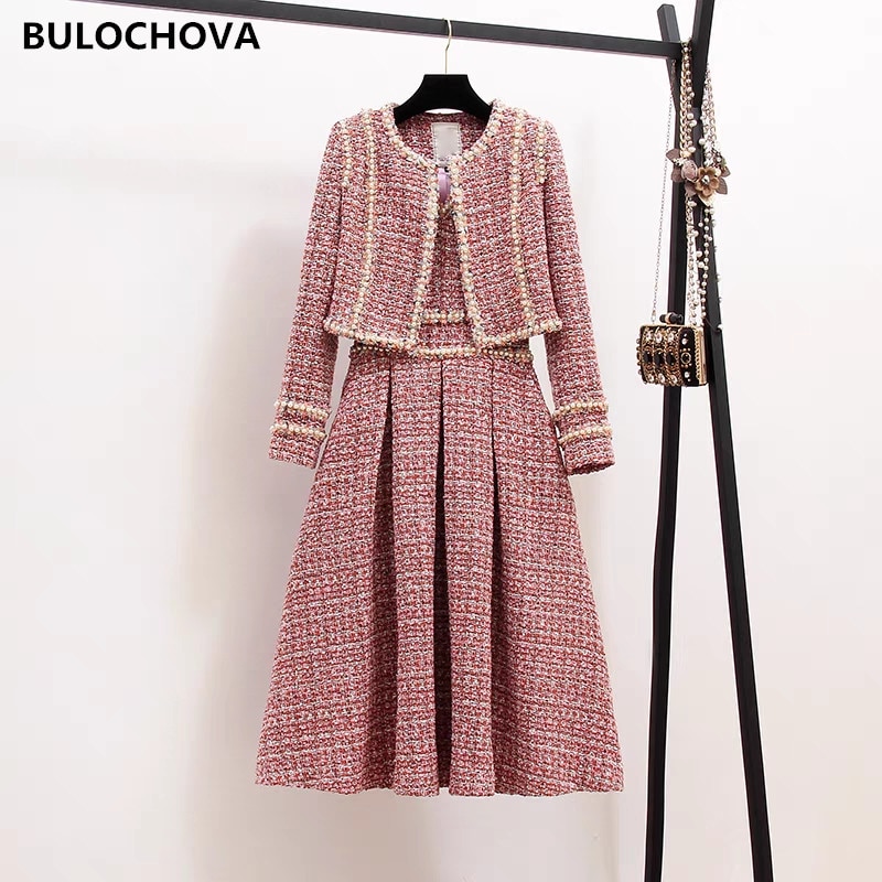 BULOCHOVA Top Quality Small Fragrant Tweed Woolen 2 Piece Sets For Women Fashion Beaded Short Coat + Dress Suits Winter Outfits