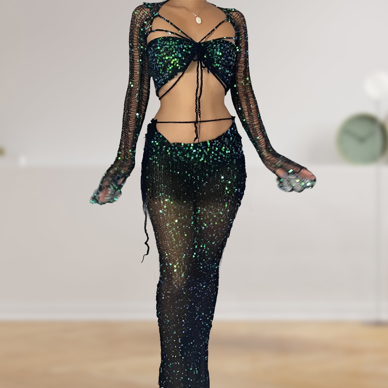 Women Long Sleeve Top+Skirt Knitted Sequins Crochet Midi Bodycon Skirt Set Hollow Out Sexy Lace Up Casual Fashion Beach Outfits